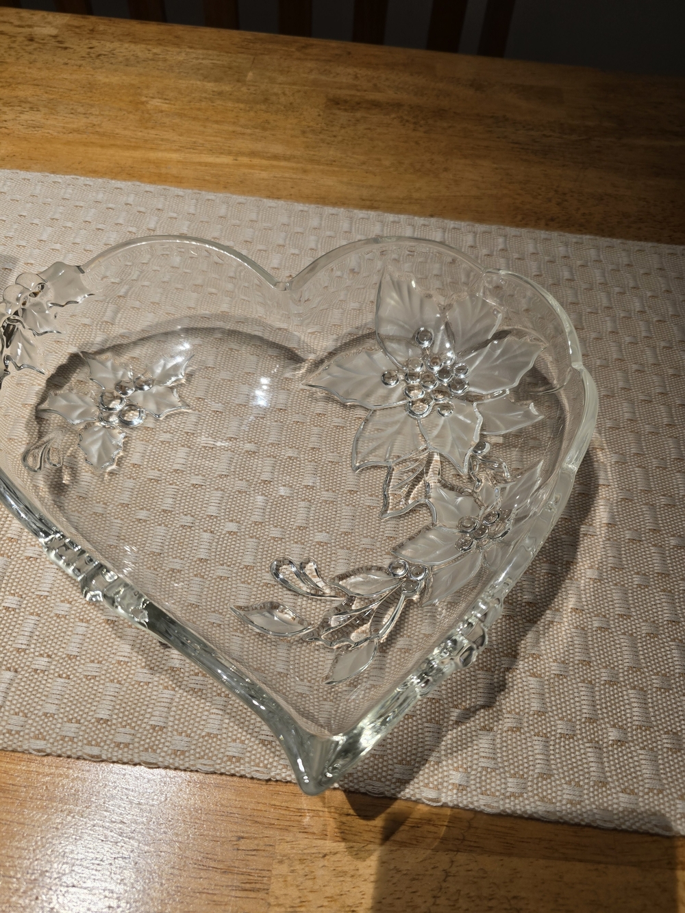 Mikasa Clear Glass Heart Bowl with Poinsettia Relief